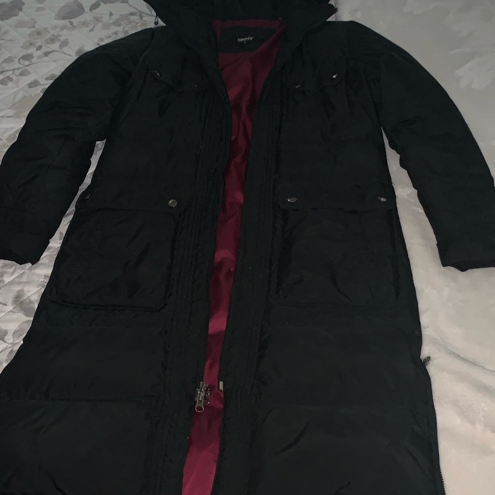 DKNY long down coat with fur trimmed hood
